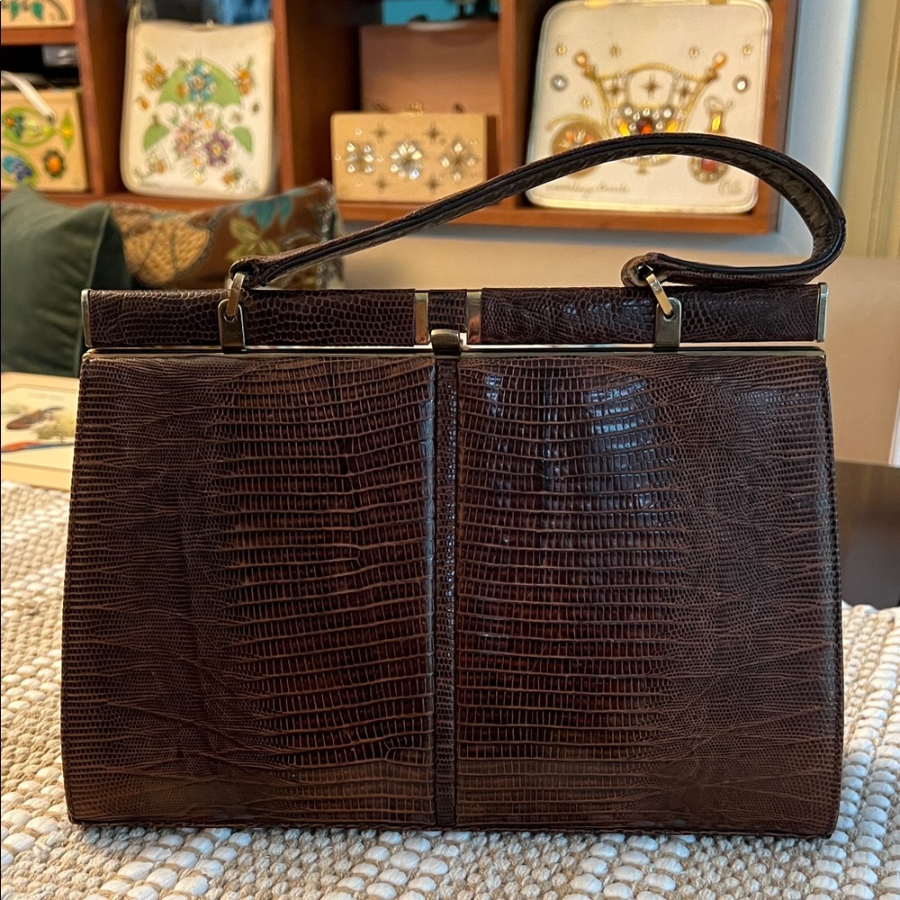 Bellestone Vintage Brown Lizard Structured Leather Handbag Purse Kelly Box Style
